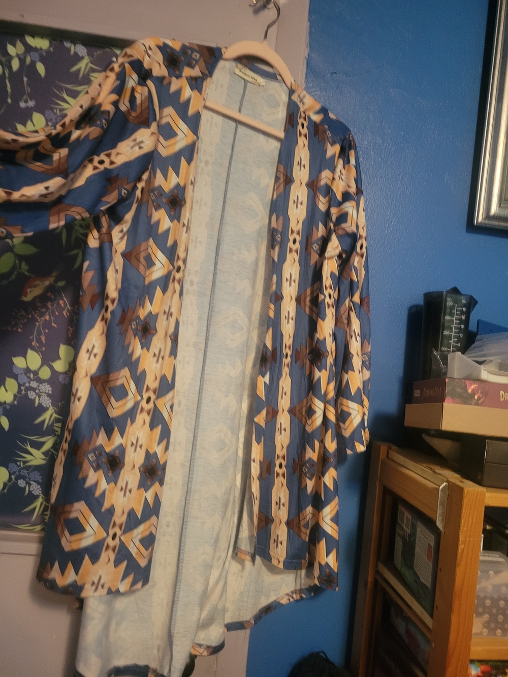 Aztec-Print Open-Front Women's Cardigan in Blue and Tan